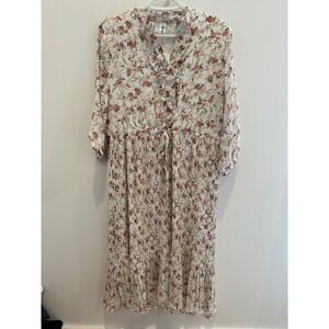 Shineflow Women Floral Pleated Midi Dress White Pink Rose Ruffle V-Neck Large